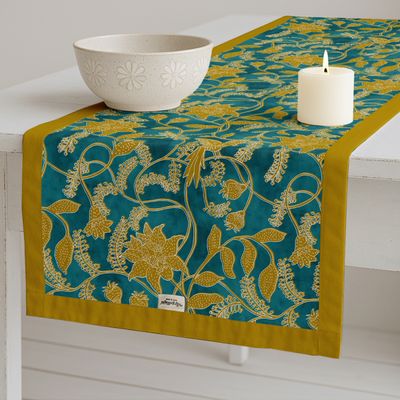 Caminho de Mesa de Algodão Duplo com Borda, Estampa Floral, Lavável à Máquina para Mesa de Jantar, Casas Rústicas e Modernas - Vargottam 35,56 Cm (L) × 182,88 Cm (C) / Amarelo