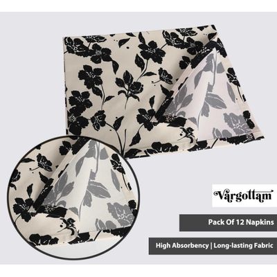 Guardanapos de Algodão Canvas, Conjunto de 12, 51 cm, Preto, Estampa Floral Botânica, Macios, Absorventes e Laváveis à Máquina - Vargottam 50,8 Cm × 50,8 Cm – Pacote Com 12 Peças / Preto