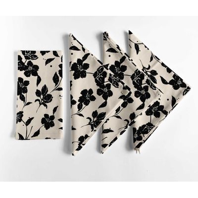 Guardanapos de Algodão Canvas, Conjunto de 12, 51 cm, Preto, Estampa Floral Botânica, Macios, Absorventes e Laváveis à Máquina - Vargottam 50,8 Cm × 50,8 Cm – Pacote Com 12 Peças / Preto