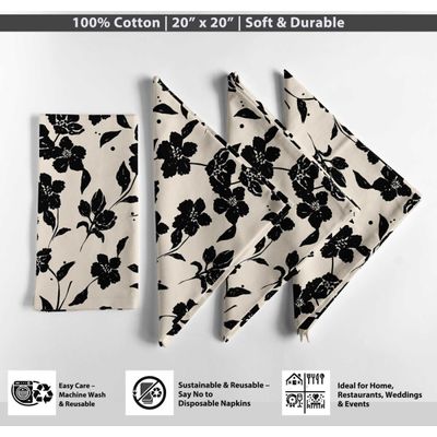 Guardanapos de Algodão Canvas, Conjunto de 12, 51 cm, Preto, Estampa Floral Botânica, Macios, Absorventes e Laváveis à Máquina - Vargottam 50,8 Cm × 50,8 Cm – Pacote Com 12 Peças / Preto