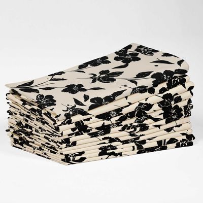 Guardanapos de Algodão Canvas, Conjunto de 12, 51 cm, Preto, Estampa Floral Botânica, Macios, Absorventes e Laváveis à Máquina - Vargottam 50,8 Cm × 50,8 Cm – Pacote Com 12 Peças / Preto