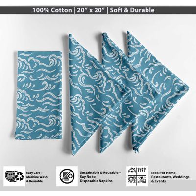 Guardanapos de Algodão com Estampa de Onda do Oceano, Conj. 12, 51x51 cm, Azul, Ideal para Jantar e Mesa, Lavável à Máquina - Vargottam 50,8 Cm × 50,8 Cm – Pacote Com 12 Peças / Azul