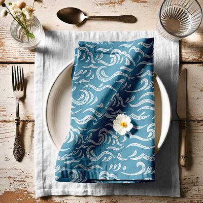 Guardanapos de Algodão com Estampa de Onda do Oceano, Conj. 12, 51x51 cm, Azul, Ideal para Jantar e Mesa, Lavável à Máquina - Vargottam 50,8 Cm × 50,8 Cm – Pacote Com 12 Peças / Azul