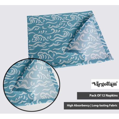 Guardanapos de Algodão com Estampa de Onda do Oceano, Conj. 12, 51x51 cm, Azul, Ideal para Jantar e Mesa, Lavável à Máquina - Vargottam 50,8 Cm × 50,8 Cm – Pacote Com 12 Peças / Azul