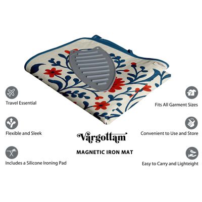 Tapete de Passar 71x122cm Dobrável em Algodão com Apoio de Silicone e Cantos Magnéticos, para Viagens e Espaços Pequenos, Floral - Vargottam 71,12 Cm × 121,92 Cm / Azul