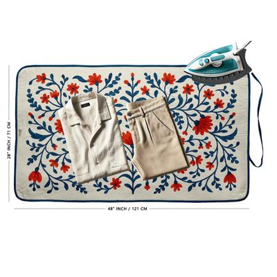 Tapete de Passar 71x122cm Dobrável em Algodão com Apoio de Silicone e Cantos Magnéticos, para Viagens e Espaços Pequenos, Floral - Vargottam 71,12 Cm × 121,92 Cm / Azul
