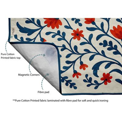 Tapete de Passar 71x122cm Dobrável em Algodão com Apoio de Silicone e Cantos Magnéticos, para Viagens e Espaços Pequenos, Floral - Vargottam 71,12 Cm × 121,92 Cm / Azul