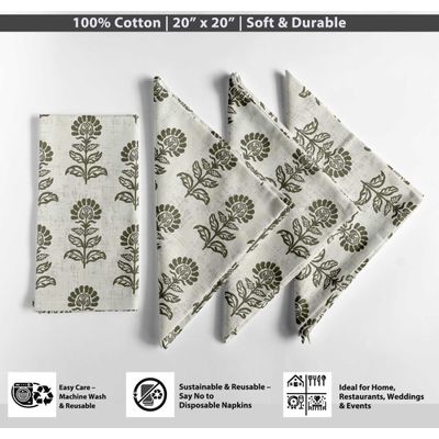 Guardanapos de Algodão com Estampa Block Bloom, Conj. 12, 51x51 cm, Floral Verde, Para Jantares e Ocasiões, Lavável na Máquina - Vargottam 50,8 Cm × 50,8 Cm – Pacote Com 12 Peças / Verde