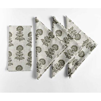 Guardanapos de Algodão com Estampa Block Bloom, Conj. 12, 51x51 cm, Floral Verde, Para Jantares e Ocasiões, Lavável na Máquina - Vargottam 50,8 Cm × 50,8 Cm – Pacote Com 12 Peças / Verde