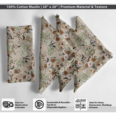 Guardanapos de Musselina de Algodão Estampa Floral, Conj. 12, 51x51cm, Verde Vivo, Prim/Verão, Festas e Uso Diário, Lav. à Máq. - Vargottam 50,8 Cm × 50,8 Cm – Pacote Com 12 Peças / Verde