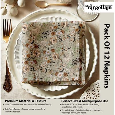 Guardanapos de Musselina de Algodão Estampa Floral, Conj. 12, 51x51cm, Verde Vivo, Prim/Verão, Festas e Uso Diário, Lav. à Máq. - Vargottam 50,8 Cm × 50,8 Cm – Pacote Com 12 Peças / Verde