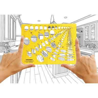 Gabarito Plástico Mestre de Elipse Geométrica Combinada com Projeções 15°, 30°, 45° e 60° para Estudantes, 29,2x21,5 cm - Traceease Amarelo