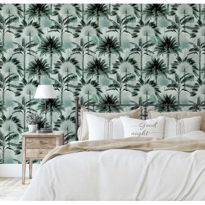 Papel de Parede Monocromático Folhas de Palmeira Verdes Vinílico Autoadesivo, Decoração DIY Fácil para Quarto e Sala - S4Sassy 63,5 cm (L) × 304,8 cm (C) / Verde - Vinil Liso