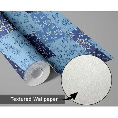 Papel de Parede Estampa Patch de Folhas - Estilo Asiático, Vinil Autoadesivo, Fácil Aplicação para Quarto e Sala - Azul - S4Sassy 63,5 cm (L) × 609,6 cm (C) / Azul - Vinil Texturizado