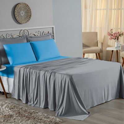 Jogo De Cama Casal Viúva Nobre 4 Peças Malha 100% Algodão - Cinza / Turquesa