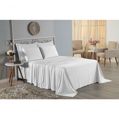 Jogo De Cama Casal Nobre 4 Peças Lençol Com Elástico De 30cm De Altura Malha 100% Algodão - Branco