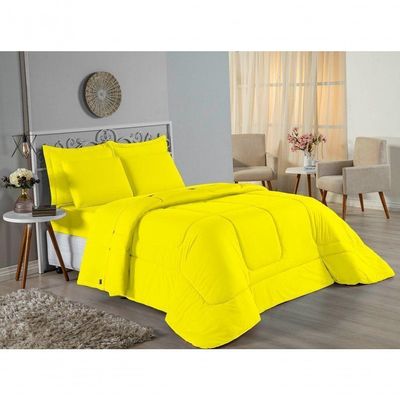 Kit Edredom Dupla Face + Jogo De Lençol Casal Viúva Nobre 7 Peças Malha 100% Algodão - Amarelo