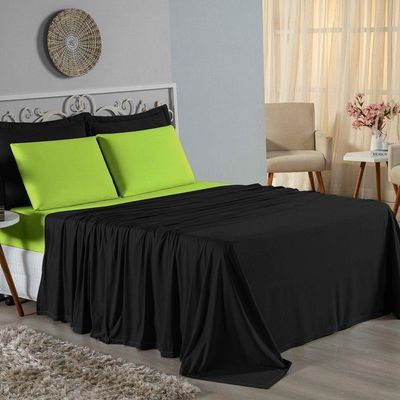 Jogo De Cama Solteiro Nobre 3 Peças Lençol Com Elástico De 30cm De Altura Malha 100% Algodão - Preto / Pistache