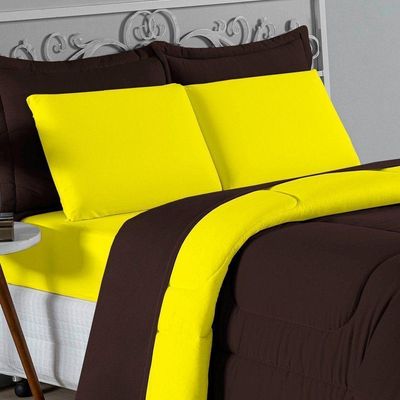 Kit Edredom Dupla Face + Jogo De Lençol King Nobre 6 Peças Malha 100% Algodão - Marrom / Amarelo