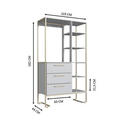 Closet Guarda Roupa Modulado Armário 3 Gavetas Industrial Arenas Champanhe Quarto Placa e Ponto