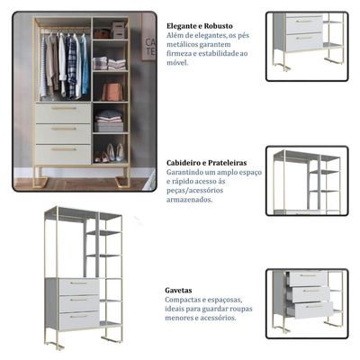 Closet Guarda Roupa Modulado Armário 3 Gavetas Industrial Arenas Champanhe Quarto Placa e Ponto