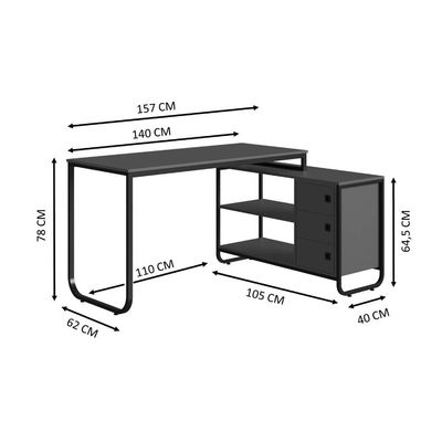 Mesa Escrivaninha de Canto para Escritório Estudo Computador Industrial Grafite Preto Placa e Ponto
