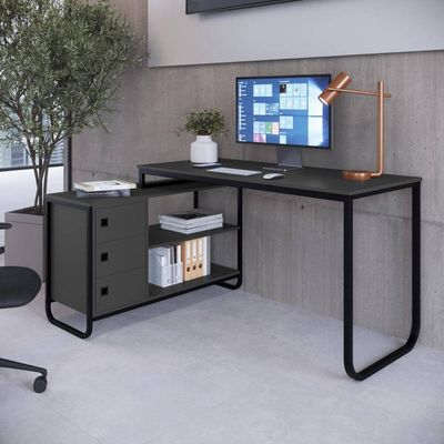 Mesa Escrivaninha de Canto para Escritório Estudo Computador Industrial Grafite Preto Placa e Ponto
