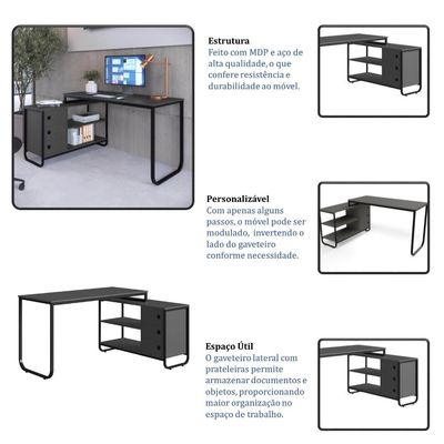 Mesa Escrivaninha de Canto para Escritório Estudo Computador Industrial Grafite Preto Placa e Ponto