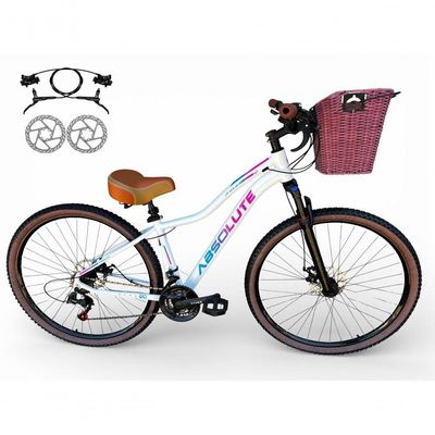 Bicicleta Aro 29 Feminina Absolute Hera Retrô Vintage 21v Hidráulica Selim Confortável Cesta Branco Tamano 17