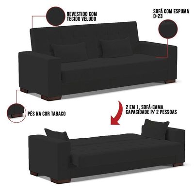 Sofá Cama 02 Lugares Lisboa Veludo - D'Rossi Cor Preto