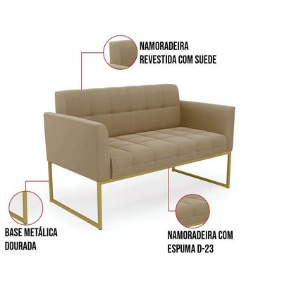 Kit 1 Sofá Namoradeira E 2 Poltronas Elisa Suede Marrom Rato Base Metálica Industrial Dourada
