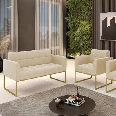Kit 1 Sofá Namoradeira E 1 Poltrona Elisa Suede Bege Base Metálica Industrial Dourada - D'rossi