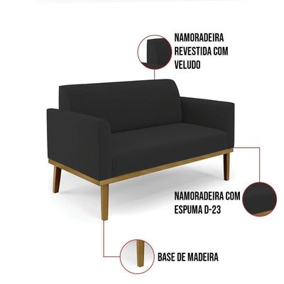 Sofá Namoradeira Com 2 Poltronas Base De Madeira Fixa Castanho Marisa Veludo Preto D03 - D?rossi