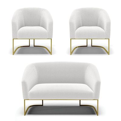 Sofá Namoradeira E 2 Poltronas Base Industrial Dourado Stella Bouclê D03 - D'rossi Cor Off White