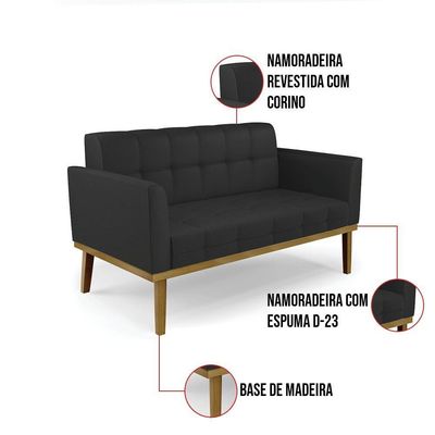 Sofá Namoradeira 2 Lugares Base De Madeira Castanho Elisa Corino Preto D03 - D'rossi