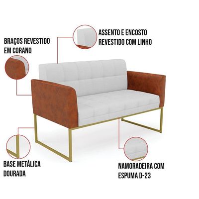 Sofá Namoradeira E Poltrona Base Industrial Dourado Elisa Nozes-linho Cinza A05 D03 - D'rossi