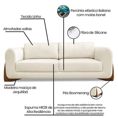 Sofá 3 Lugares Base De Madeira Clarissa 220 Cm Linho Natural S04 - D'rossi