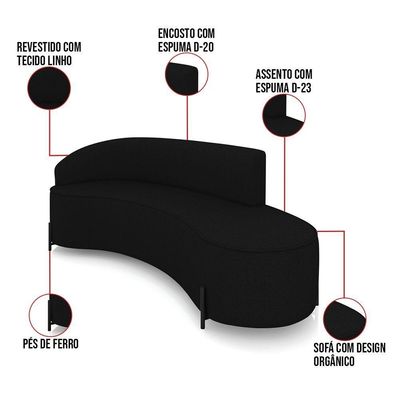Sofá 4 Lugares Orgânico 220cm Pé Ferro Preto Morgan Linho Preto D03 - D'rossi