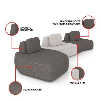 Sofá 3 Lugares Orgânico Com Chaise E 2 Módulos Berlim Bouclê Gf K01 - D'rossi Grafite-cinza Caro