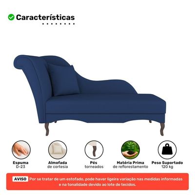 Divã Recamier Chaise Longue Valentina Clássico Com Pés De Madeira Veludo Azul Marinho - Desk Design