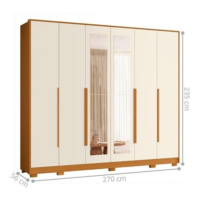 Roupeiro Casal 6 Gavetas 6 Portas Orgazinador Com Espelho Cinamomo Mel Off White