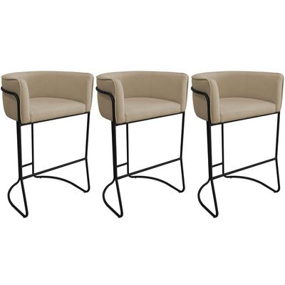 Kit 03 Banquetas Alta Com Encosto Betina Base Preto Linho Bege - Nexta Casa