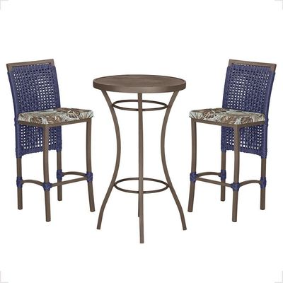 Mesa Bistrô E 2 Banquetas Roma Marrom Corda Estofado Trama Azul