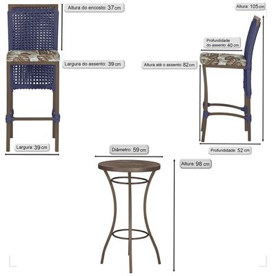 Mesa Bistrô E 2 Banquetas Roma Marrom Corda Estofado Trama Azul