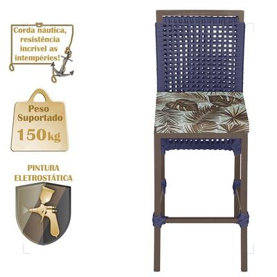 Mesa Bistrô E 2 Banquetas Roma Marrom Corda Estofado Trama Azul
