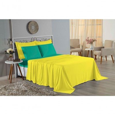 Jogo De Cama Solteiro Nobre 3 Peças Lençol Com Elástico De 30cm De Altura Malha 100% Algodão - Amarelo / Jade