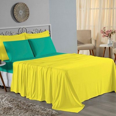 Jogo De Cama Solteiro Nobre 3 Peças Lençol Com Elástico De 30cm De Altura Malha 100% Algodão - Amarelo / Jade