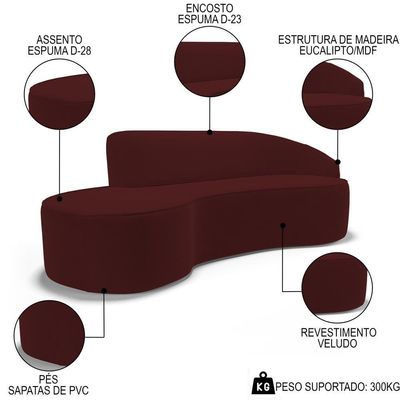 Sofá Living 3 Lugares 230cm Braço Direito Mozart D06 Veludo Vermelho - Mpozenato
