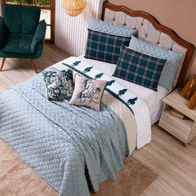 Kit Cobre Leito Colcha King Country Com Almofadas Estampadas 07 Peças - Dupla Face Percal 300 Fios Matelado Cor Verde
