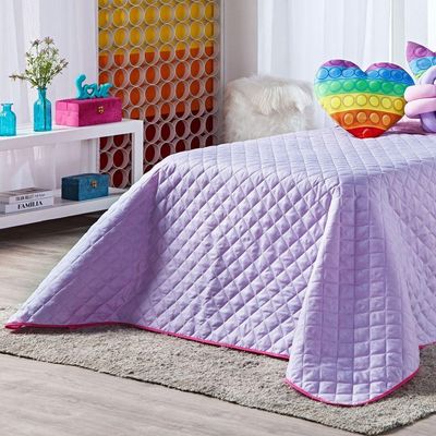 Kit Cobre Leito Colcha Solteiro Pop It Lilás/rosa Dupla Face Com Almofadas Estampadas 06 Peças